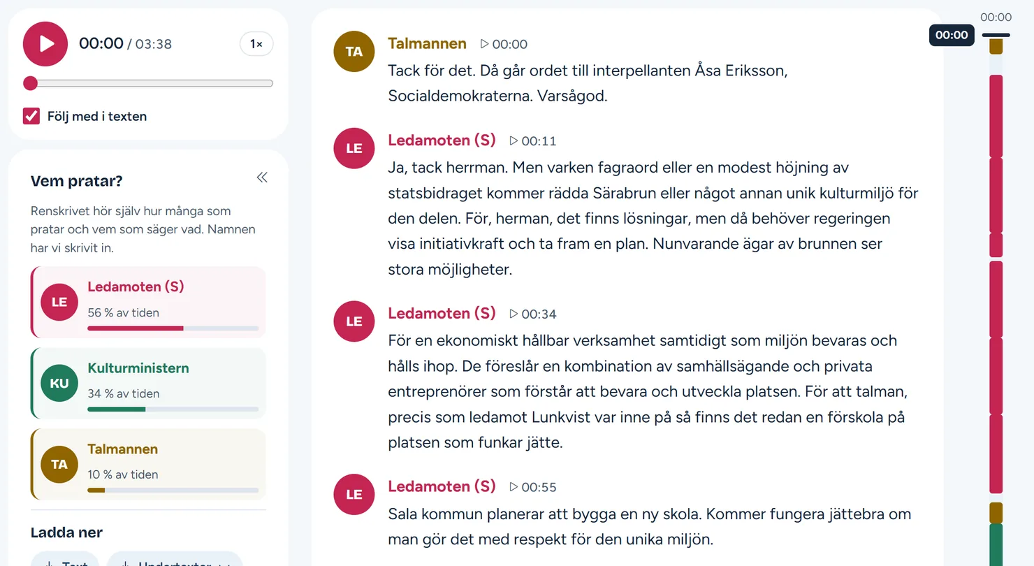 Skärmbild av Renskrivet: en riksdagsdebatt som text, uppdelad på Talmannen, Ledamoten och Kulturministern, med tid vid varje replik, en spelare för ljudet och hur stor del av tiden var och en pratar.